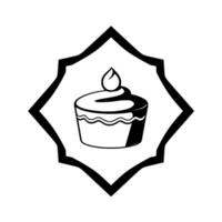 Simple black and white illustration of a cupcake with a single candle, centered within a decorative geometric frame on a white background. vector
