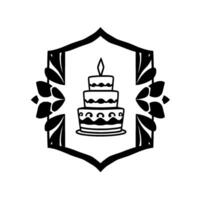 Elegant threetiered cake illustration enclosed in ornate, floralframed hexagonal border with candle, monochrome . vector