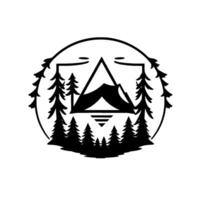 Black and White Circular Camping Scene Silhouette of a tent, mountains, and pine trees inside a circle, illustrating adventure. vector