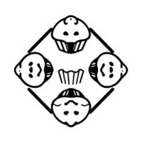 Abstract black and white geometric featuring four stylized cupcakes arranged in a diamond pattern with minimalist elements. vector
