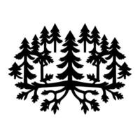 Symmetrical Forest Silhouette Black Fir Trees with Rootlike Base Forming a Balanced Composition on White Background. vector