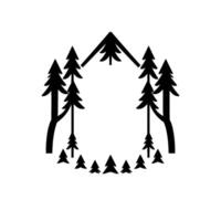 Stylized Monochrome Forest Scene Geometric Outline of Pine Trees Forming Oval with Central Mountain Shape, Isolated. vector