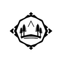 Minimalist Black and White Emblem Depicting Forest Scene with Pine Trees, a Bridge, and Mountain Silhouette within a Geometric Frame. vector