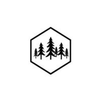 Black and white minimalist forest featuring stylized fir trees within a hexagonal frame, against a stark white backdrop. vector