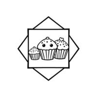 Adorable, stylized black and white illustration of three kawaii cupcakes with cute faces, set inside a square, framed by a diamond outline, on white background. vector