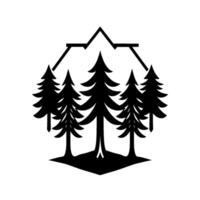 Stylized black and white illustration of a mountain range silhouette embracing a forest of evergreen trees, conveying nature and adventure. vector