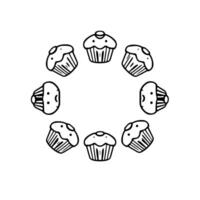 Circular arrangement of eight handdrawn cupcakes with smiling faces, in a simple, monochrome line art style, on a white background. vector