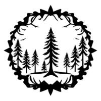 Stylized Monochrome Forest Scene within Circular Frame, Featuring Evergreen Trees, Mountains, and Wildlife Silhouettes. vector