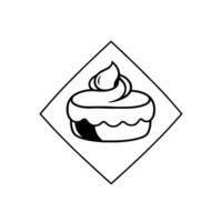 Black and white line art of a cupcake with cream swirl, encased in a diamond frame, simple illustration on white. vector