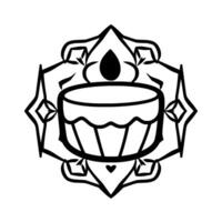 Geometric cake illustration within a symmetrical mandala, featuring a teardrop and heart in a black and white . vector