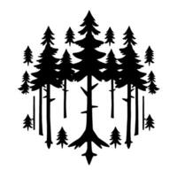Stylized Black Silhouette of a Forest Pine Trees in a Circular Arrangement Against a White Background, Creating a Simple, Elegant . vector