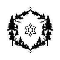 A minimalist monochrome illustration depicting a hexagonal forest frame enclosing a complex geometric star , evoking a sense of nature, balance, and spirituality. vector