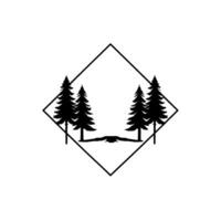 Minimalist Silhouette of Evergreen Trees, Abstract Landscape, and a Mysterious Bridge Within a Geometric Rhombus Frame on White vector