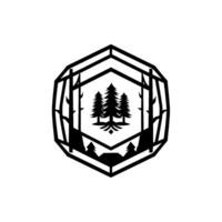 Minimalist Black and White Nature Featuring Pine Trees, Forest Silhouettes, and a Hexagonal Geometric Frame. vector