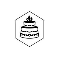 Elegant twotiered cake illustration inside a hexagon, featuring leaf topper, decorative borders in clean, minimalist, monochrome style. vector