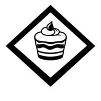 Stylized black and white illustration of a cupcake with frosting, centered within a black diamond on a white background, reminiscent of hazard symbols. vector