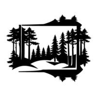 Black and White Forest Silhouette Inside a Modern Rectangular Frame, Featuring Pine Trees, Hills, and a Stark Aesthetic. vector