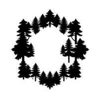 Circular arrangement of black fir tree silhouettes on a white background, forming a decorative border or frame. vector