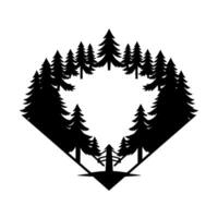Silhouette of a forest within a diamondshaped frame, showcasing symmetrical pine trees in a minimalist style. vector