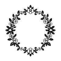 Intricate Black and White Floral Wreath with detailed leaves and blossoms in a circular elegant pattern against a plain white background. vector