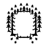 Stylized, black and white forest arrangement forming a frame silhouettes of pine trees outline the image, creating a circular composition. vector