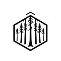 Black and White Geometric Featuring Forest Scene Pine Trees Enclosed within Hexagon Frame with Ascent Arrow Element. vector