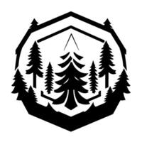 Stylized Black White Geometric Pine Tree Forest Silhouette within an Octagonal Frame, Nature . vector