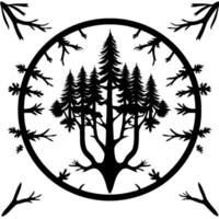 Black and White Geometric Nature Art Silhouette of Trees within a Circular Frame with Branch Motifs, Minimalist . vector