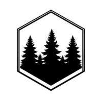 Silhouette of Evergreen Trees in a Hexagonal Badge, Black and White Minimalist , Natures Embrace. vector