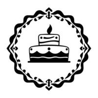 Black and white twotiered cake with a single candle inside an ornate symmetrical decorative frame, centered on a white background. vector