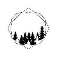 Minimalist Black and White Geometric Silhouette of Forest Pines and Mountains within an Octagonal Frame, for or Decor. vector