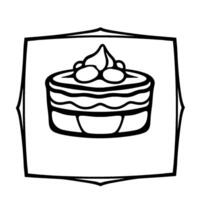 Black and white outlined illustration of a layered dessert cake with a decorative topping, presented within a decorative framed border. vector