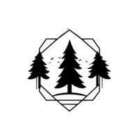 Minimalist Black White Illustration Evergreen Pines, Mountain Range, and Flying Birds Enclosed in Geometric Frame. vector