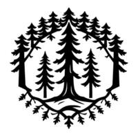 Black and White Circular Forest Silhouette Depicting Trees and Roots in a Stylized, Minimalist . vector