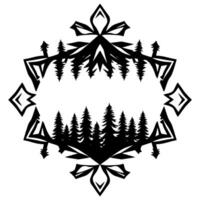 Black and white geometric forest within a stylized ornamental snowflake or star shape, minimalist art. vector
