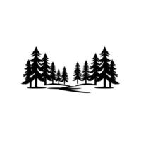 Silhouette of evergreen trees in a forest, black and white, with a simple, flowing path, evoking a tranquil, minimalist landscape. vector