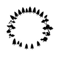 Black silhouette circle of stylized trees and firs creating a natural frame against white. vector