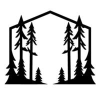 Minimalist Black Silhouette of Forest Scene Framed by Geometric Houselike Structure Natures Embrace in Stark Contrast. vector