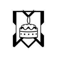 Black and white minimalist illustration of a birthday cake with a lit candle, enclosed within a geometric badgelike frame, symbolizing celebration. vector
