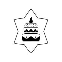 Minimalist Black and White Illustration of a ThreeTiered Cake with a Candle Inside a Starburst. vector