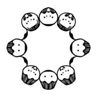 illustration of a circular arrangement of black and white cupcakes, creating a symmetrical pattern, and leaving an empty space in the middle. vector