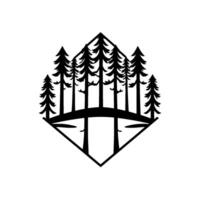 Minimalist black and white naturethemed emblem, featuring stylized coniferous trees on a stylized hill with reflective water in a diamond frame. vector