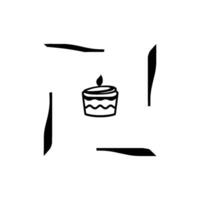 Simplified cake illustration with lit candle, within a white background with abstract black border, in a minimalistic style. vector