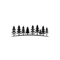 Black silhouettes of pine trees, arranged in a curved line, against a stark white background, creating a minimalist, serene forest scene. vector