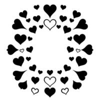 A monochromatic heartshaped wreath , featuring varied sizes and styles of black and white heart illustrations on a clean white background. vector