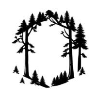Silhouette of stylized evergreen trees forming an oval frame, depicting a forest scene in black on a white background. vector