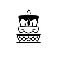 A stylized, twotiered birthday cake illustration with a single lit candle on top, rendered in bold black and white lines, showcasing a whimsical and celebratory . vector