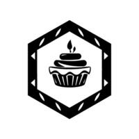 Black and white minimalist cupcake with two lit candles, presented inside a geometric hexagon frame with decorative elements. vector