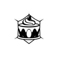 Black and white of a layered cake with frosting inside a stylized hexagonshaped frame with spikes. vector