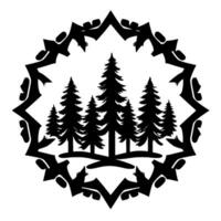 Black and white illustration of evergreen trees in a forest, framed by an ornate geometric circular border. vector